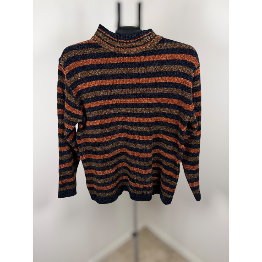 Erika & Co Womens Metallic Striped Mock Neck‎ Sweater Copper Gold Navy Blue